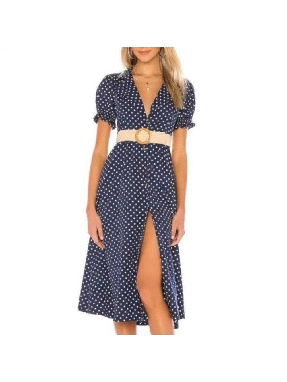 WEWOREWHAT Bella Polka Dot Midi Dress Blue L Large NWT Puff Sleeve Shirtdress